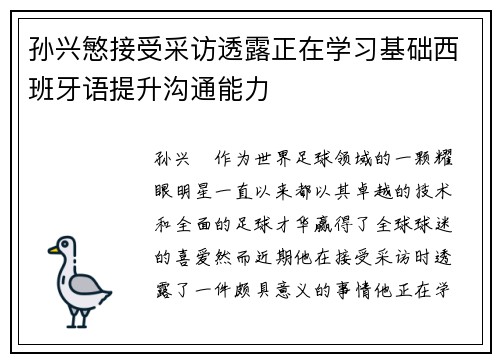 孙兴慜接受采访透露正在学习基础西班牙语提升沟通能力 孙兴慜接受采访透露正在学习基础西班牙语提升沟通能力